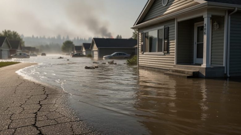 Ground-level view of a flooded street with a home partially submerged, wildfire smoke on the horizon, and heat-haze in the smoky gray sky.