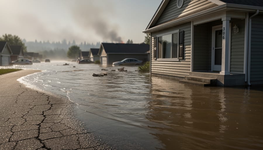 Ground-level view of a flooded street with a home partially submerged, wildfire smoke on the horizon, and heat-haze in the smoky gray sky.