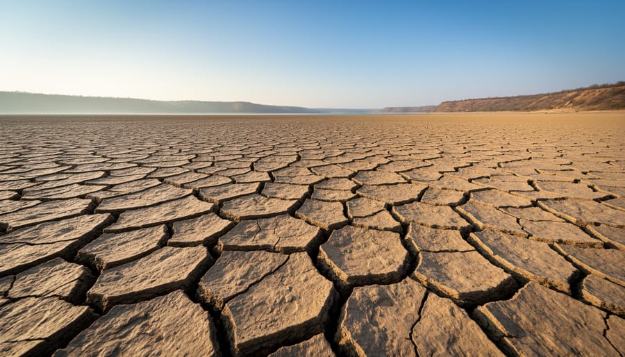 Cracked, dry lakebed with dust and sparse vegetation in a drought-affected landscape
