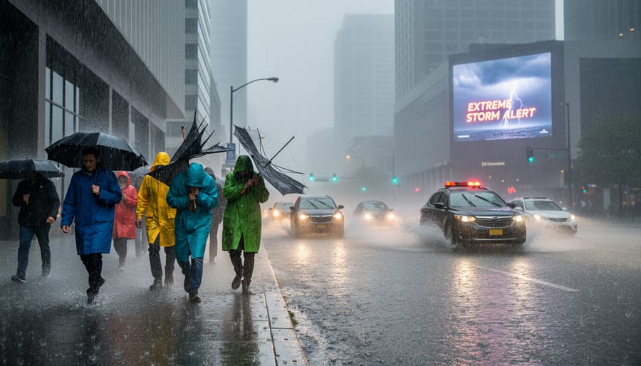 People sheltering under an umbrella during heavy rain on a stormy street
