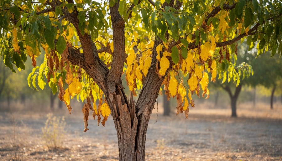 Close-up of a tree branch with yellowing leaves and bark damage in a stressed forest