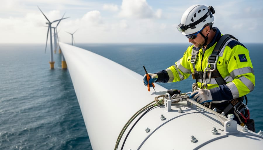 Worker-access deck view of an oversized wind turbine blade with ocean and turbine structures softly blurred in the background.