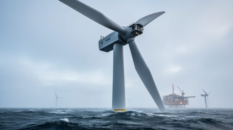 Low-angle view of a colossal floating offshore wind turbine with sweeping blades above the ocean under an overcast sky.