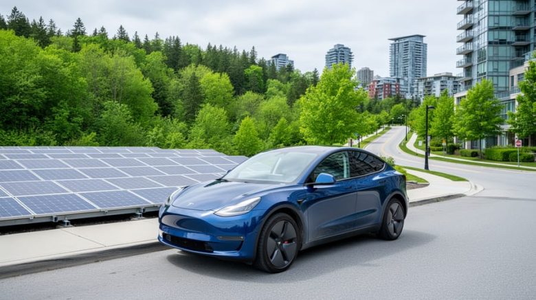 Electric vehicle next to a rooftop solar installation with nearby forest greenery, representing climate change mitigation through clean energy, low-emission transport, and carbon-storing forests.