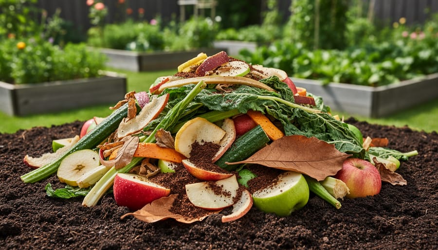 Close-up of compost soil with dried organic plant fragments in a compost setting.