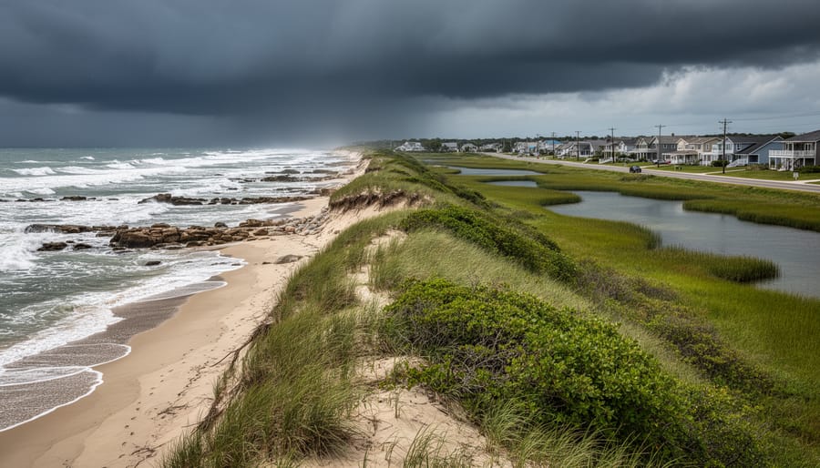 Coastal neighborhood during a rainstorm with a wet seawall and dunes in the foreground