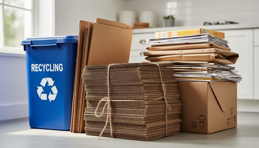 Flattened cardboard and paper recycling materials organized next to a recycling bin with reusable tins in view.