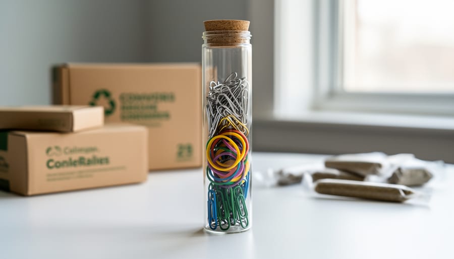 Hands holding a reused glass pre-roll tube filled with small items on a kitchen countertop.