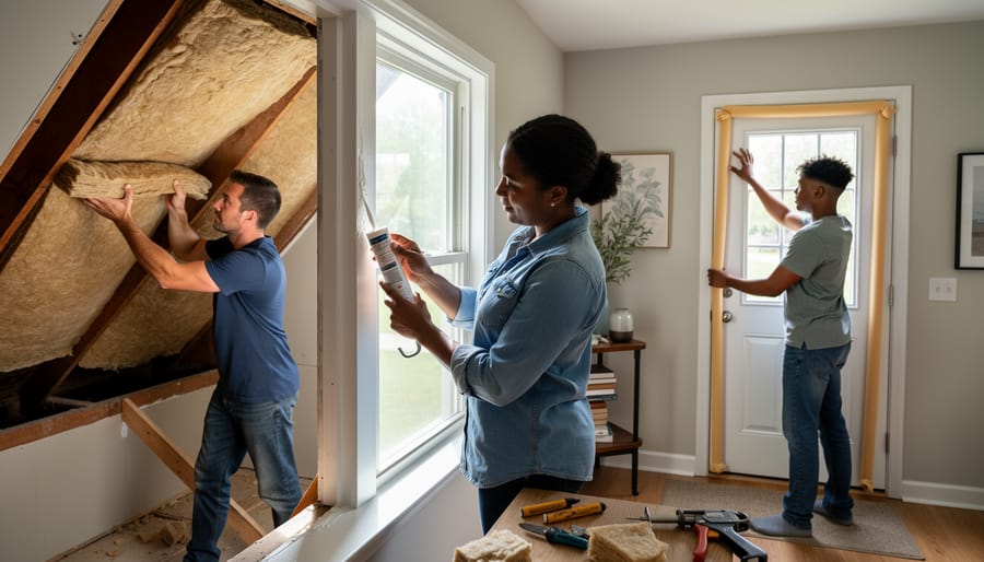 Homeowner applying weatherstripping to the frame of a front door