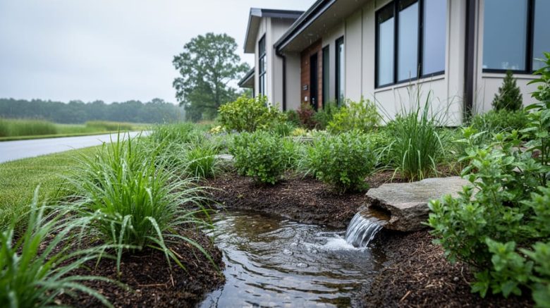 Rain garden with native plants and shallow water runoff captured beside a home, demonstrating mitigation through proactive stormwater management.
