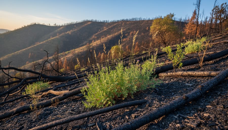 Reforested hillside slope with new green growth after wildfire