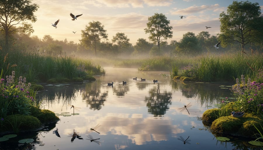 Restored wetland with reeds and dark water at dawn with mist in the distance.