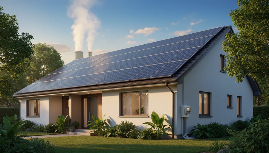 Solar panels installed on a home roof in a residential neighborhood under daylight.