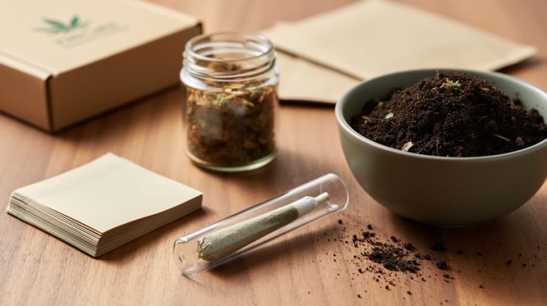 Close-up of THCA pre-roll tube, rolling papers, and compostable plant material on a wooden table with a compost bowl and recycling-friendly materials in the background.