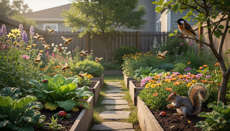 Flowering native plants and insects in a backyard garden habitat