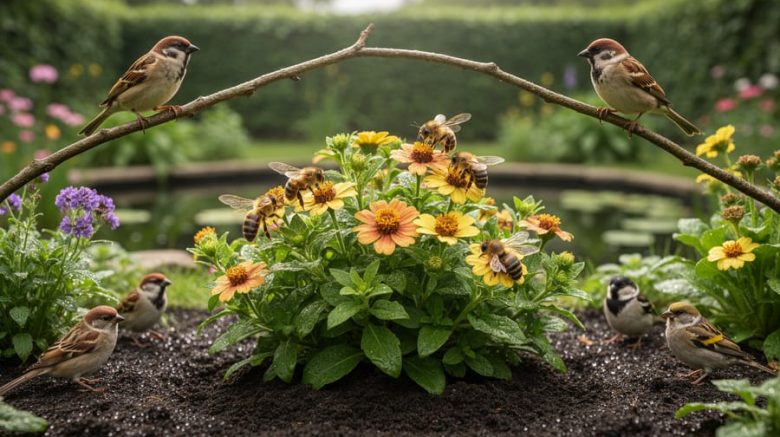 Flowering native plants in a backyard garden with a bee foraging, surrounded by other wildlife in the same natural habitat