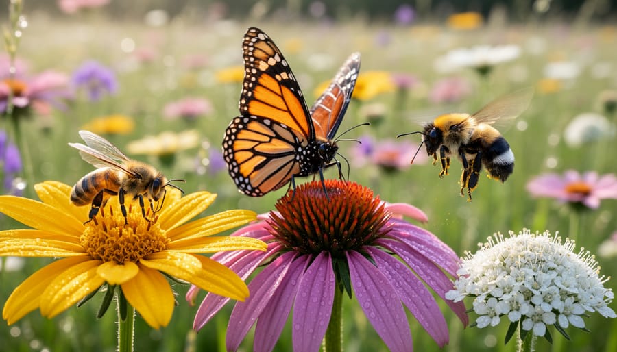 Bee feeding on a wildflower with other nearby blooms in soft background