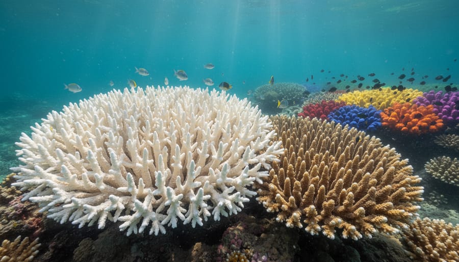 Underwater view of a coastal reef showing pale, bleached coral alongside a few remaining healthier patches.