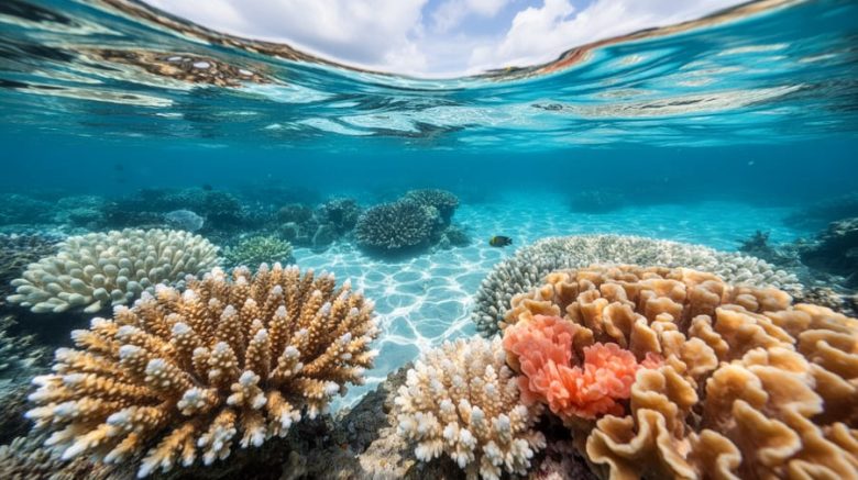 Underwater view of a coral reef with vibrant corals and nearby pale, stressed coral patches in a blue ocean with a distant horizon.