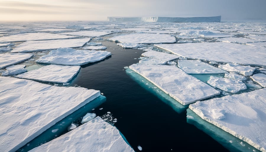 Low-angle view of cracked sea ice near a coastline with choppy dark water in the distance.