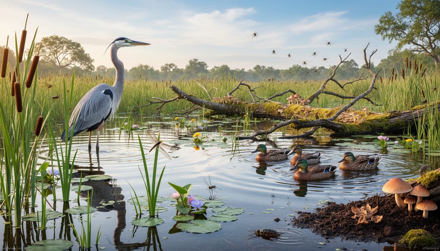 Freshwater wetland scene with shallow water, reeds, and muddy edges with decomposing plant matter
