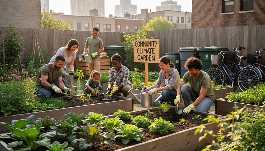 Diverse neighbors planting in a community garden raised bed during golden hour