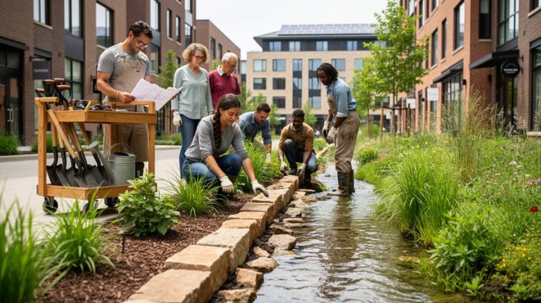 Neighbors and volunteers installing a rain garden in a converted parking-lot area with native plants under soft daylight.
