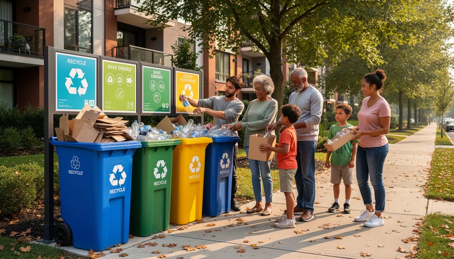 Recycling carts lined up at the curb in a neighborhood during golden hour