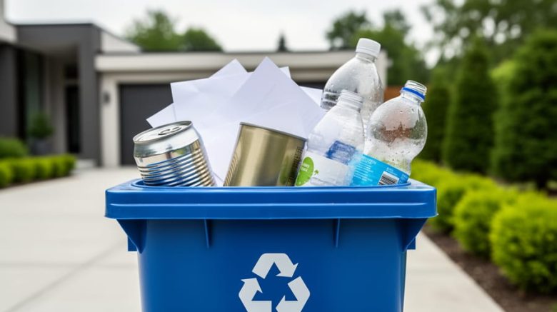 Close-up of a recycling bin filled with an aluminum can, steel can, paper, and plastic bottles in a residential setting.