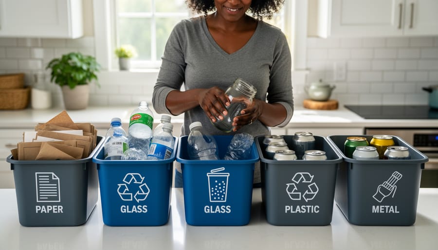 A person placing a clean aluminum can into a recycling bin outdoors